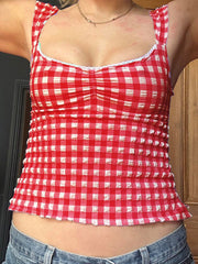 Aiertu  Women Y2K Gingham Tank Top Spaghetti Strap Checkered Lace Trim Camisole Plaid Backless Slim Fit Cami Tops Aiertu