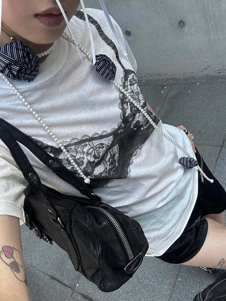 Aiertu - summer inspo Hot Black Lace Bra Print White Graphic T-Shirt Fashion Woman Blouse Tees O Neck Short Sleeve Casual Street Sweats Tops Aiertu