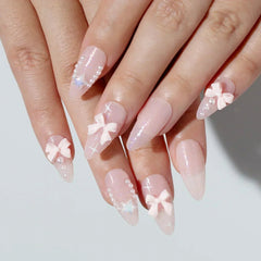 Aiertu 24Pcs Pink Almond French Press on Nails With 3D Bow ripple charms Design Fake Nails Ballerina False Nails Full Cover Nail Tips Aiertu