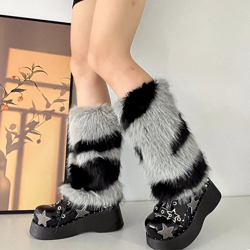 Aiertu  -  Zebra Leg warmer Y2k Artificial Fur stripe Socks Japanese Lolita Leg warmer Women Faux Fur Shoes Cuffs Cover Socks Streetwear Aiertu
