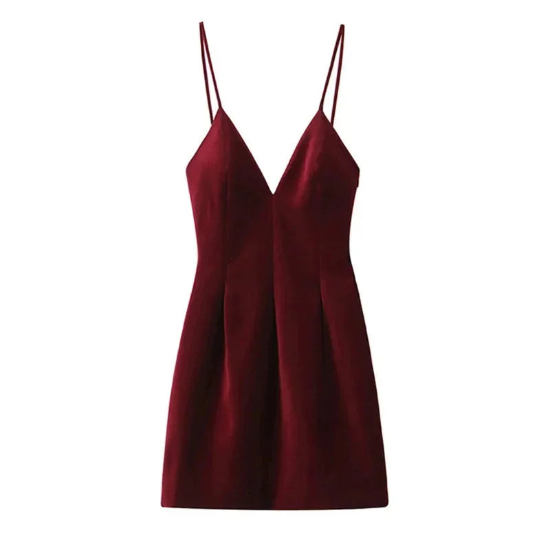 Aiertu  -  Sexy Red Velvet Sling Dress Women Elegant Sleeveless Backless V Neck Mini Dresses Fashion Dinner Date Christmas Party Dress Aiertu