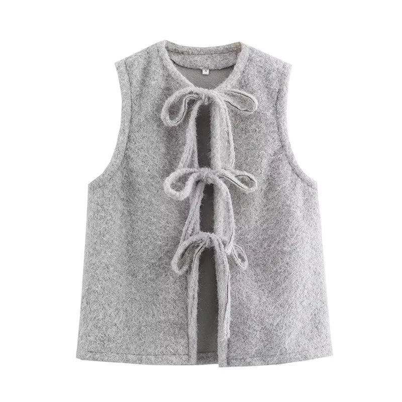 Aiertu  -  Bow Tied Vests Women Round Neck Short Casual Sleeveless Vest Jacket Woman Waistcoat Streetwear New Women Outerwear 2025 Spring Aiertu
