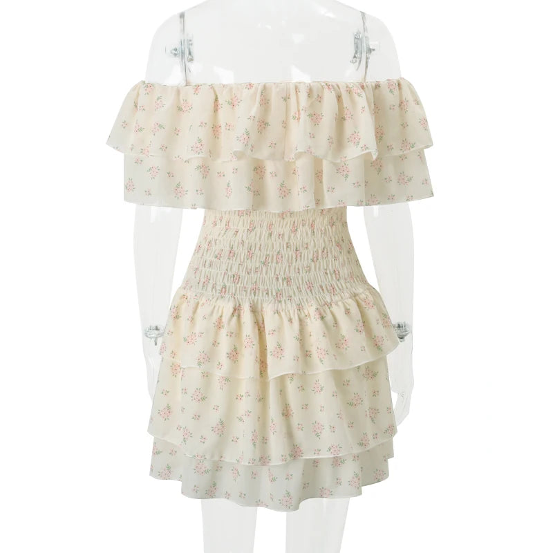 Aiertu  Off Shoulder Sexy Floral Print Mesh Bow Fashion A-line Bodycon Pleated Mini Dress Summer New Sweet Cute Party Vestidos Aiertu