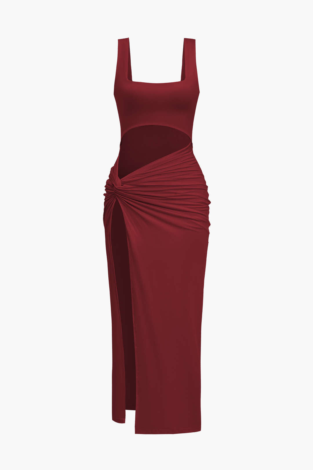 Aiertu  Solid Twist Front Cut Out Slit Midi Dress Aiertu