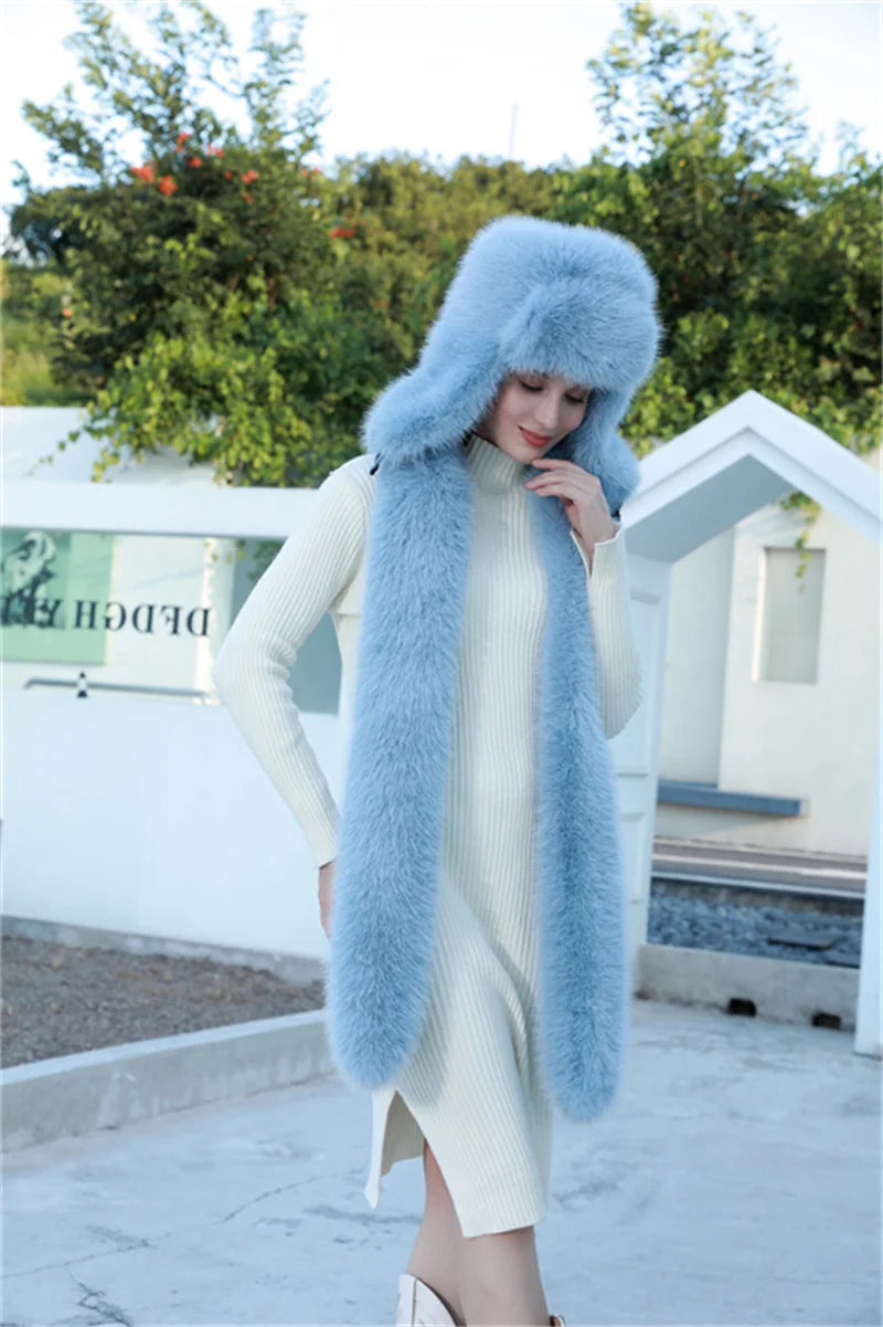 Aiertu  -  Hat Scarf Set Winter Warm Earmuffs Hat Girl Hat Natural Fluffy Plush Hat Leather Hat  Шапка Женская Aiertu