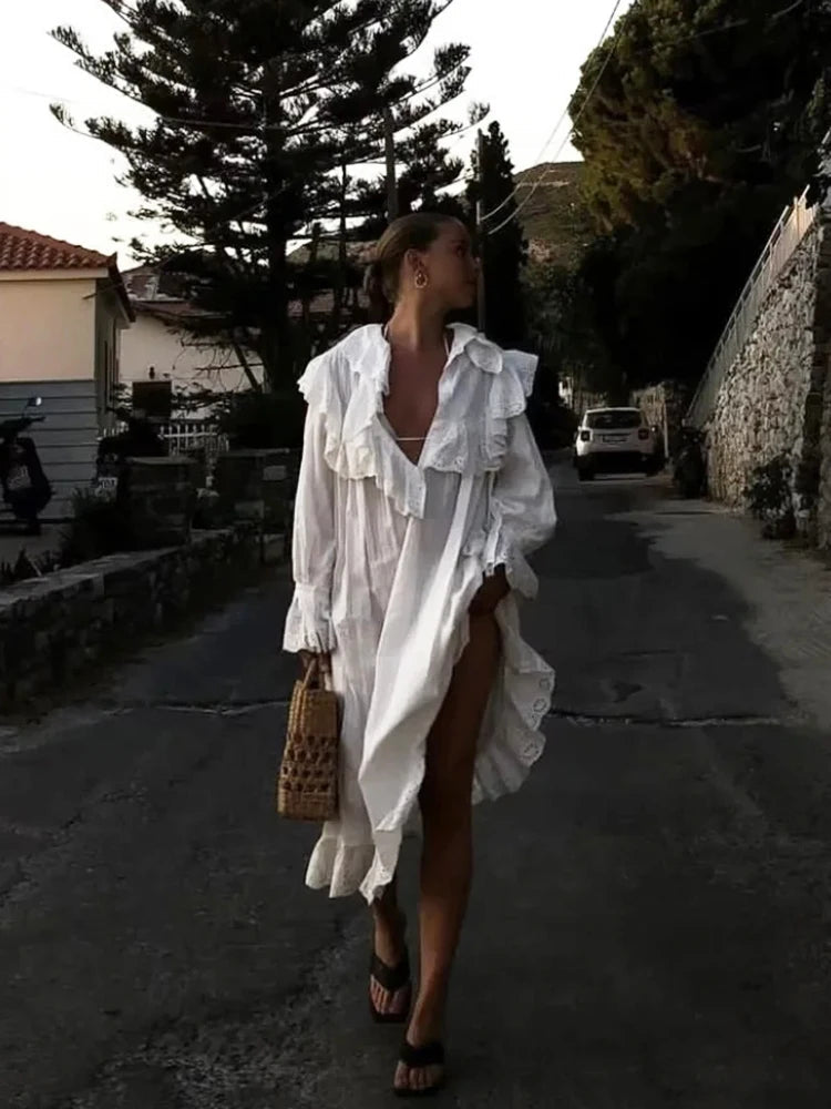 Aiertu  -  Elegant Chic Lace Maxi Dress White Cotton Autumn Spring Long Sleeve Women Dresses Loose Hollow Out Holiday Vestidos Aiertu