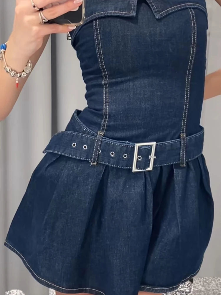 Aiertu  -  Sexy Women's Denim Mini Dress Adjustable Belt Strapless Ruffle Hem Dresses Lady Summer New Casual Party Club Wear 2025 Aiertu