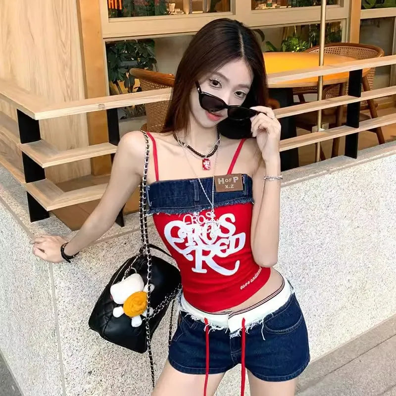 Aiertu  -  American retro splicing contrasting color red suspender vest women's summer babes hot pants shorts set Aiertu