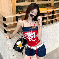 Aiertu  -  American retro splicing contrasting color red suspender vest women's summer babes hot pants shorts set Aiertu