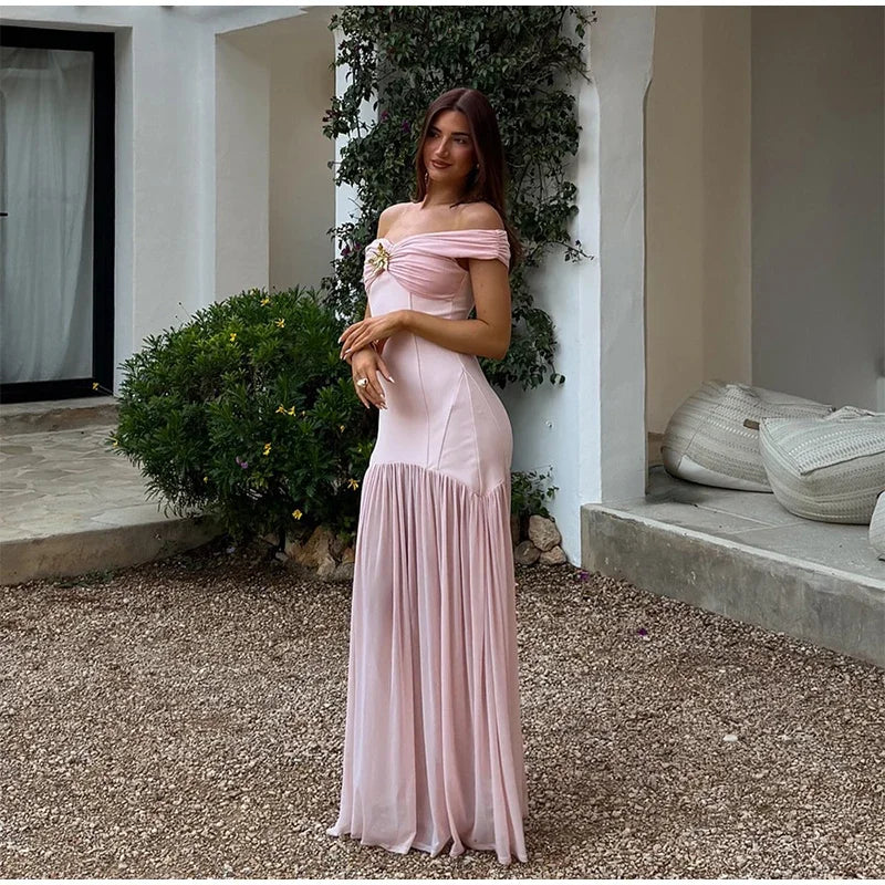 Aiertu  -  Elegant Slash Neck Pleated Mesh Patchwork Dress Women Fold Sleeveless Backless Chic Summer 2025 Robe Slim Sexy Party Dresses Aiertu