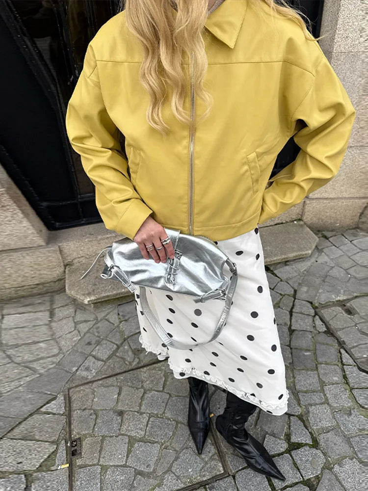 Aiertu  -  Zipper Lapel PU Leather Jacket Coat Vintage Pocket Cargo Jackets Baggy Women Short Outwear Top Lemon Yellow Overcoat Streetwear Aiertu