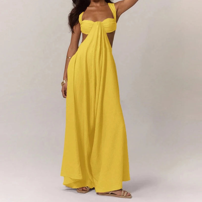 Aiertu  -  Women Elegant Hollow Backless Solid Color Long Romper Sexy Off Shoulder Party Jumpsuit Casual Sleeveless Wide Leg Loose Playsuit Aiertu