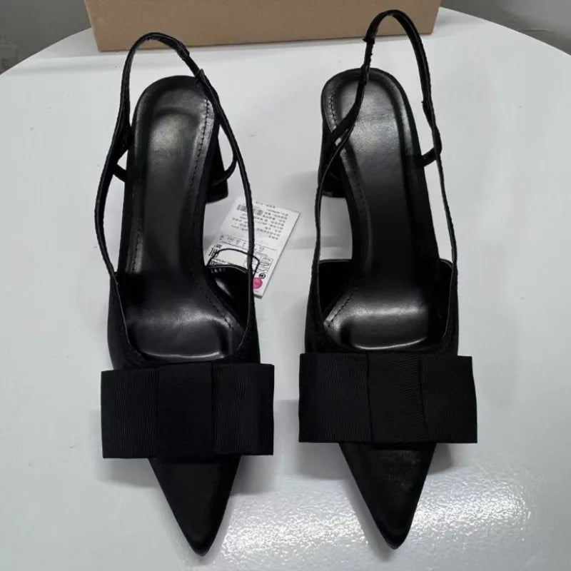 Aiertu  -  Pointed Toe Women's Office Shoes 2025 Spring Black Retro Bow Decoration High Heels Shallow Slingbacks Elegant Ladies Pumps Aiertu