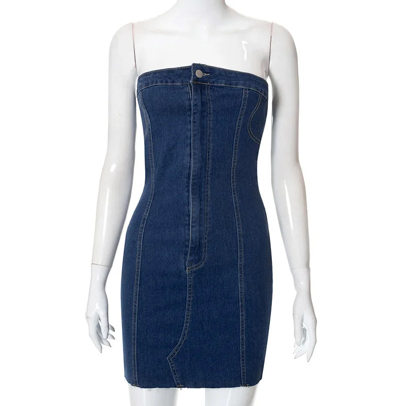 Aiertu  -  Strapless Denim Mini Dress Woman Sleeveless Slim Sexy Ladies Dresses Street Casual Bodycon Dress For Women  Summer Aiertu