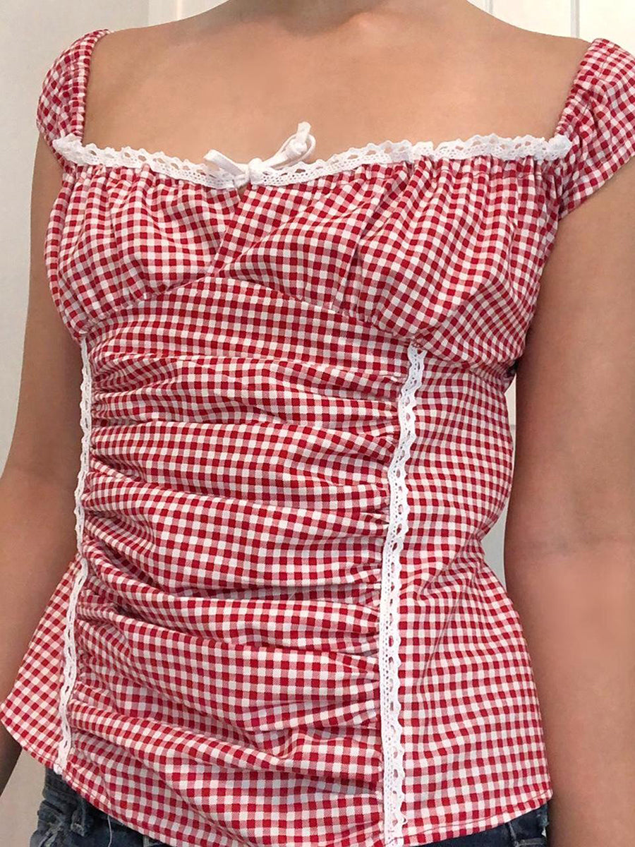 Aiertu  -  Women Y2k Gingham Tank Top Sleeveless Coquette Aesthetic Plaid Print Cami Crop Top Summer Fairycore Grunge Top Streetwear Aiertu