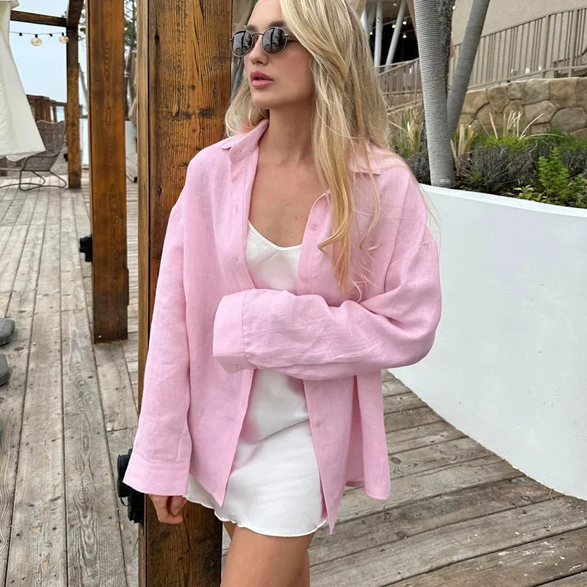 Aiertu  -  Commuter Casual 100% Cotton Women Shirts Solid Loose Lapel Long-sleeved Shirt With Button Simple Top Ladies Clothes Streetwear Aiertu