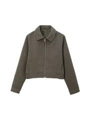 Aiertu  -  Women Fashion Army Green Front Zipper Jackets Vintage Lapel Neck Long Sleeves Female Chic Lady Outfits Aiertu