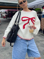 Aiertu  -  Bowknot Embroidery Long Sleeve Sweater Women Crew Neck Fashion Loose Color Blocking Knit Pullover 2026 New Autumn Lady Knitwear Aiertu