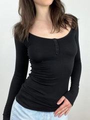 Aiertu - summer inspo Hot Back See Through Lace Patchwork Elegant Sexy Black T Shirt Women Button Up O Neck Slim Long Sleeve Solid Basic Tees Aiertu