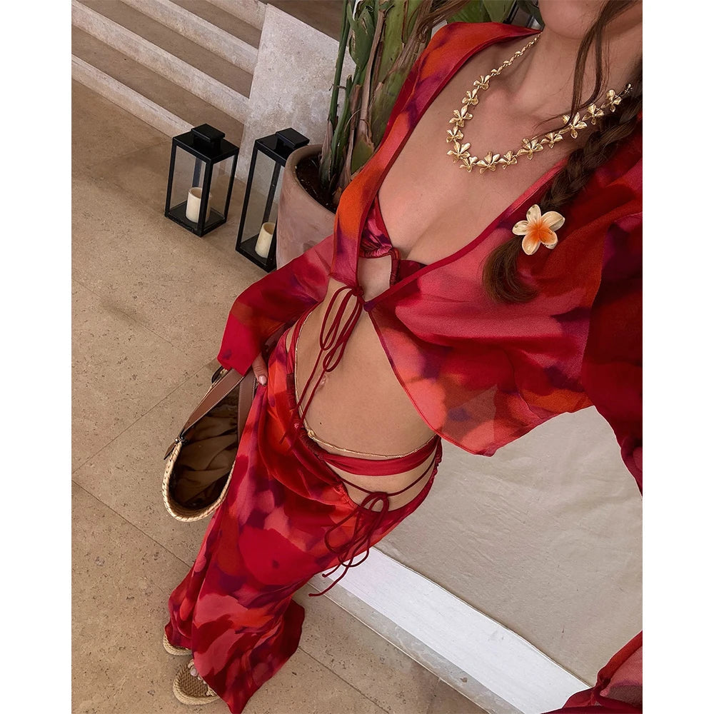 Aiertu  -  4 Pieces Bikini Set Push Up Bikini Sexy Women Swimsuit Maxi Dress Female Swimwear Print Bathing Suit Beachwear Cover Ups Aiertu