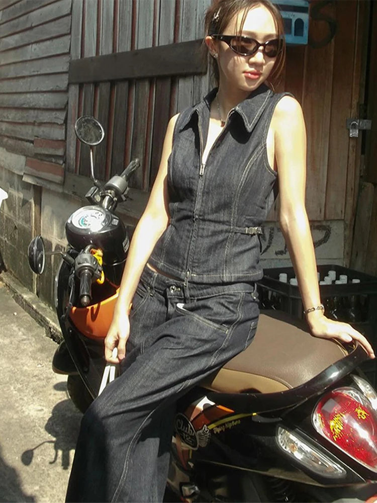 Aiertu  -  High Street Denim Tank Women Lapel Sleeveless Zippers Slim Crop Tanks Female 2025 Spring Summer Fashion Casual Solid Lady Tops Aiertu