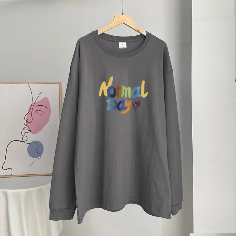Aiertu  -  Color Letter Print White T-shirt Women 2025 Spring Round Neck Long Sleeve Cotton Tee Shirts Casual Loose Fashion T Shirt Tops Aiertu