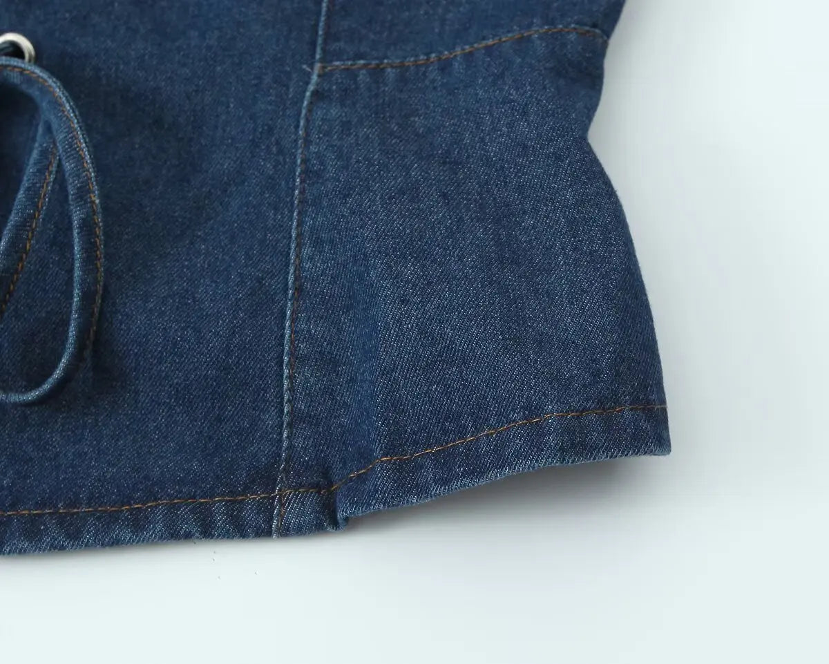 Aiertu  -  Sexy Square Collar Blue Denim Camis Sexy Corset Women Front Cross Lacing up Bandage Bow Tank Tops Back Zipper Slim Crop Top Aiertu