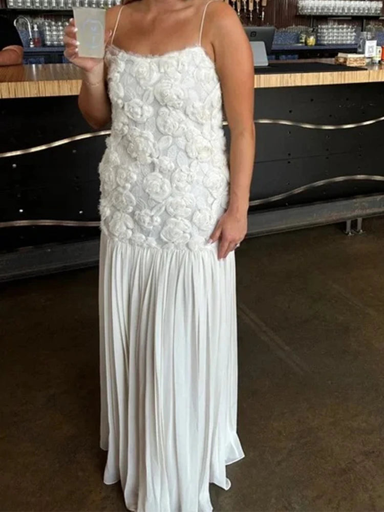Aiertu  -  Female 3D Floral Maxi Dress for Women Pleated Backless Strapless Chiffon Slim Dresses Lady Party Club Grown Robes 2025 New Aiertu