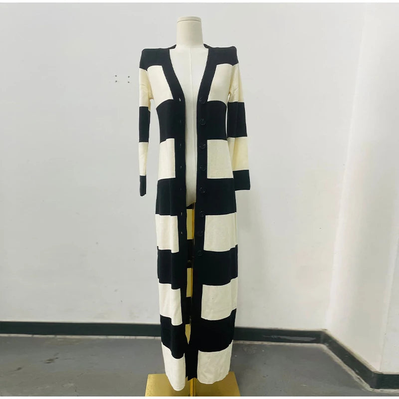 Aiertu  -  Knitted Striped Tube Tops Long Dress Long Jacket Women Set Backless Robe Long Sleeved Single Breasted Jacket Spring Summer Suit Aiertu