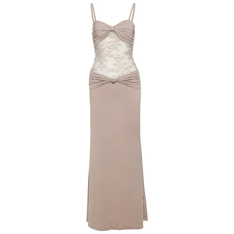 Aiertu  -  Women Sexy Sheer Lace Mesh Patchwork Knot Camisole Bodycon Maxi Party Dress Ruched Spaghetti Straps Backless Clubwear Long Robe Aiertu