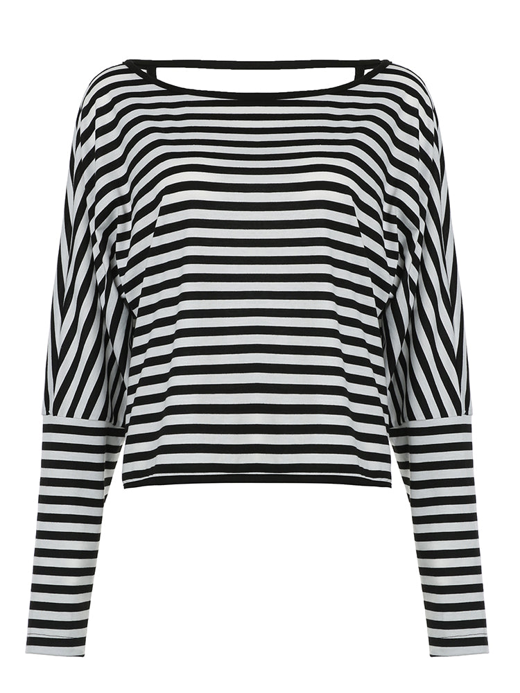 Aiertu - summer inspo Twist Backless Loose Casual Stripe Long Sleeve T Shirt Women Contrast Binding O Neck Minimalist Pullover Tops Aiertu