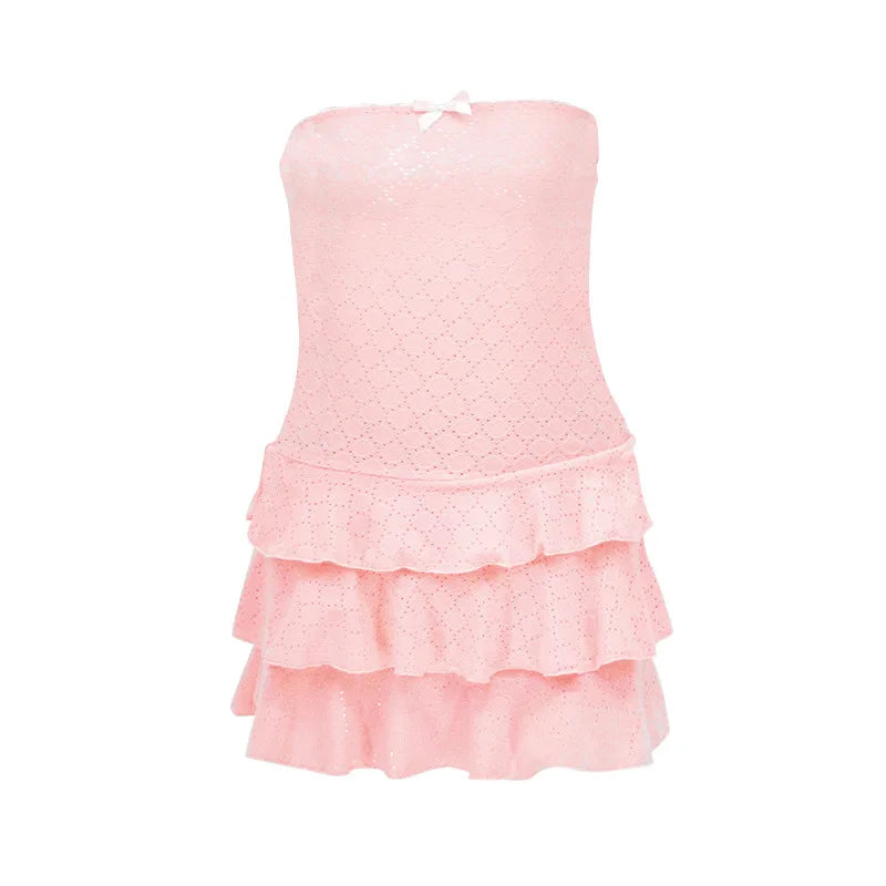 Aiertu  -  Strpless Frill Tank Dress For Women Y2k Cute Ribbed Knit Slim Solid Vest Mini Dress Ruffled Bodycon Dresses Summer New Aiertu