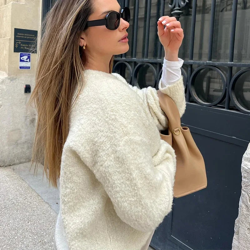 Aiertu  -  Casual Knit Single Breasted Cardigans Women O-neck Long Sleeve Fluffy Short Sweaters Cardigan 2026 Autumn New Lady Elegant Tops Aiertu