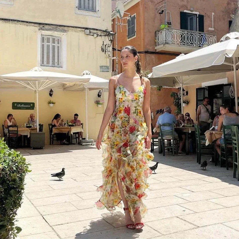 Aiertu  -  Printed Multi-layer Ruffled Split Long Dress Women's High Waist Backless Slim Zipper Sling Dresses 2026 Summer Holiday Sexy Robe Aiertu