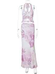 Aiertu  -  Print Halter Vest Crop Tops Skirt 2 Pieces Sets For Women Sexy Mesh Flower Lace-up Vest Crop Tops And Long Skirt Sets Aiertu