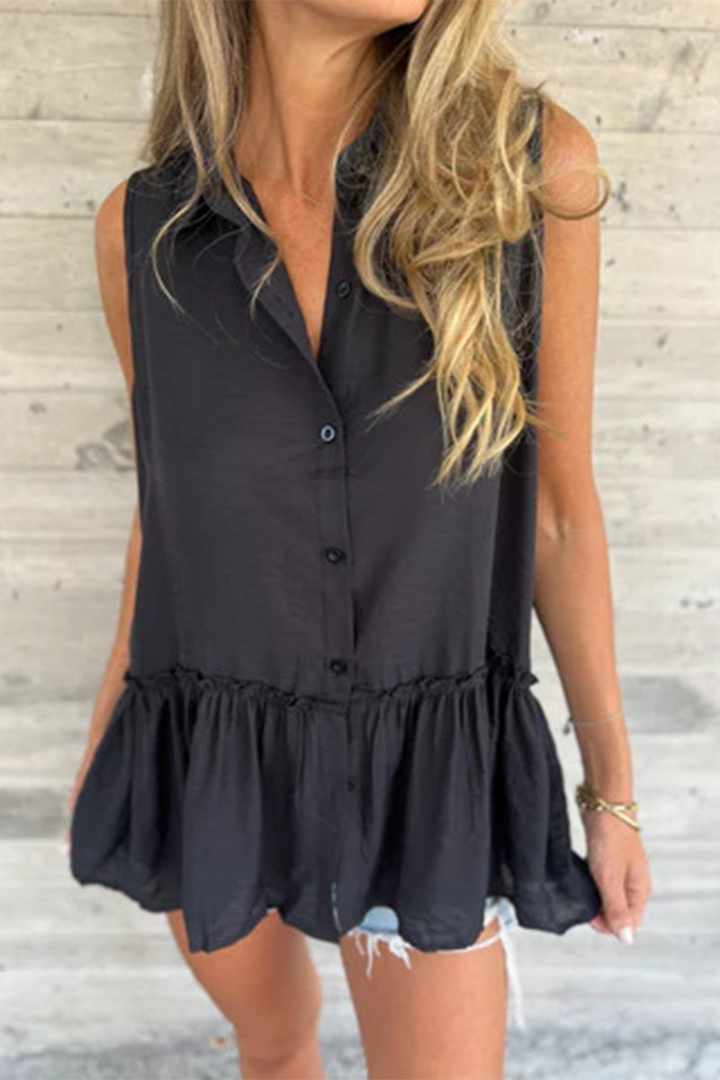 Aiertu  -Casual Buttons Pleated Flounce Turndown Collar Blouses(3 Colors) aiertu