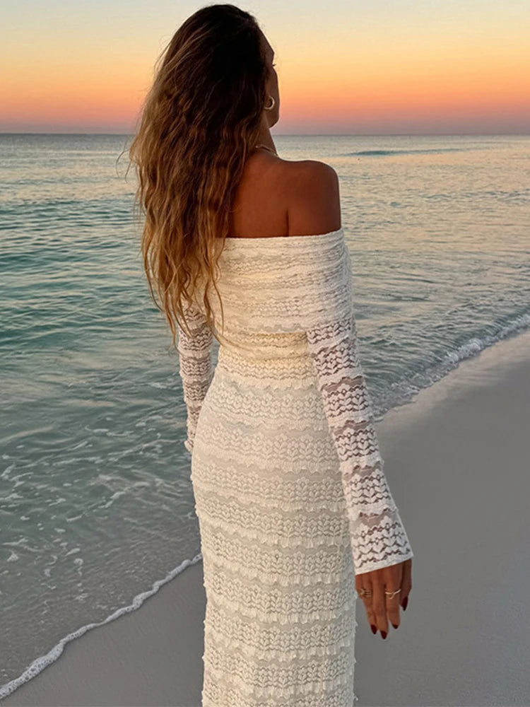 Aiertu  -  Elegant Off Shoulder Dress Bodycon Fashion Patchwork Long Sleeve Maxi Dresses For Women Beach Vacation Slim Party Dress Aiertu