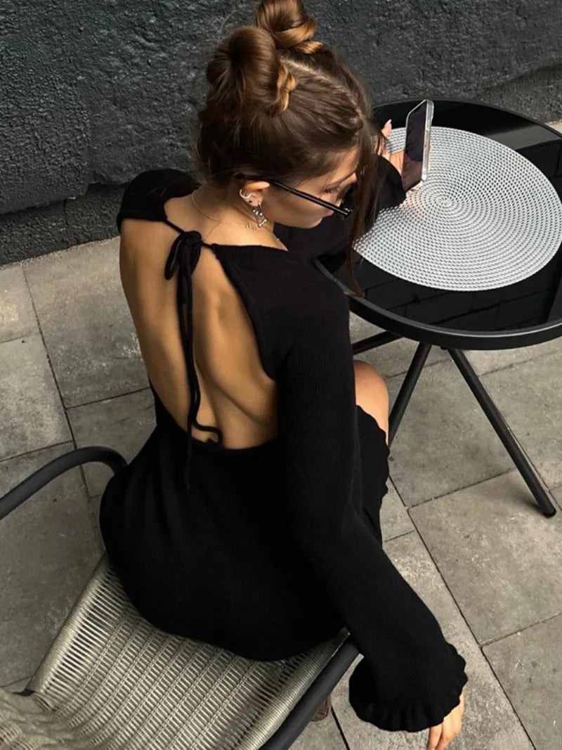 Aiertu  -  Fashion Casual Lace-up Backless Long Sleeve Sweater Dress Women's Autumn Hollow Out Knitting Short Holiday Party White Dresses Aiertu