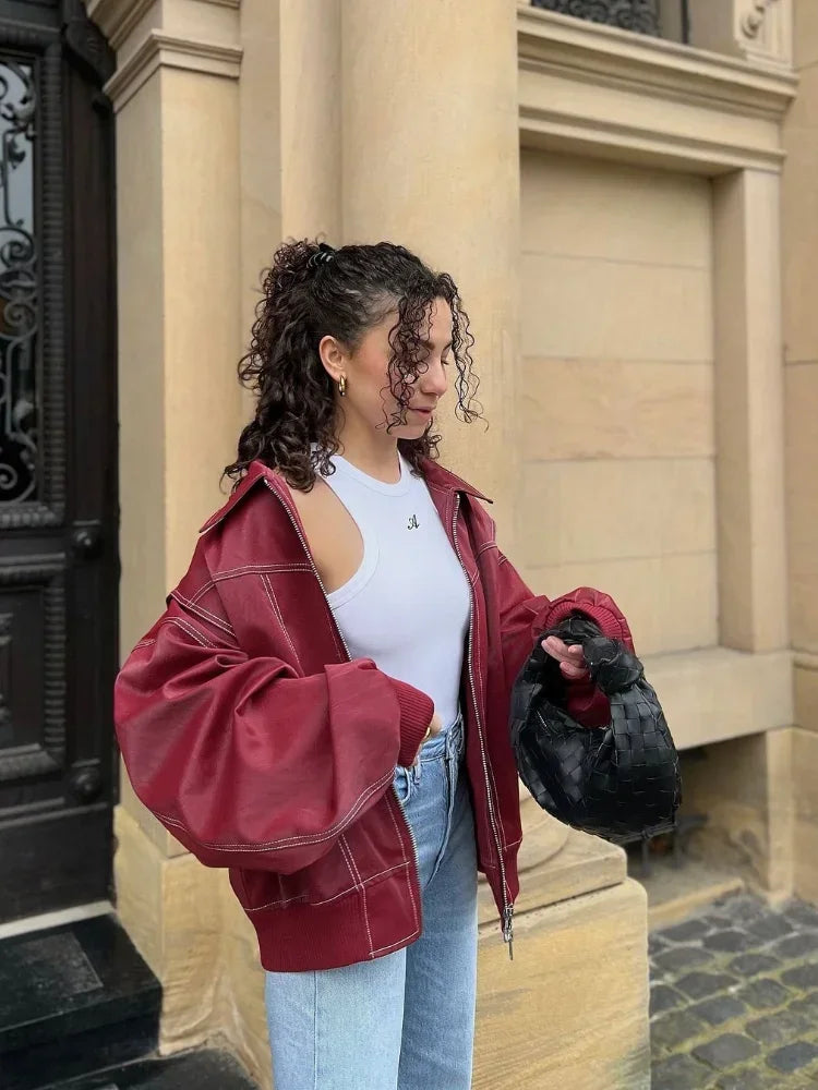 Aiertu  -  Chic Wine Red Leather Contrast Stitch Jacket Fashion Oversized Zipper Long Sleeve Women Coat 2026 Autumn Casual Office Outerwear Aiertu