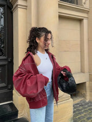 Aiertu  -  Chic Wine Red Leather Contrast Stitch Jacket Fashion Oversized Zipper Long Sleeve Women Coat 2026 Autumn Casual Office Outerwear Aiertu