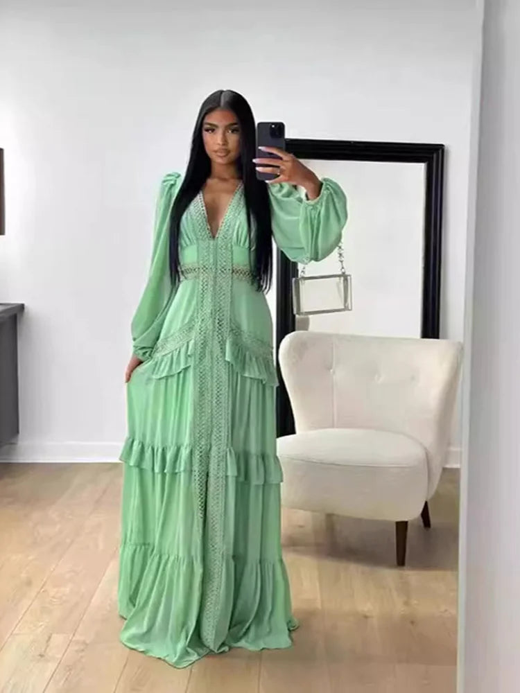 Aiertu  -  Elegant Hollow Lace Patchwork Ruffle Long Dress For Women Sexy Deep V-neck Lantern Sleeves Slim Maxi Dresses Female Party Robes Aiertu