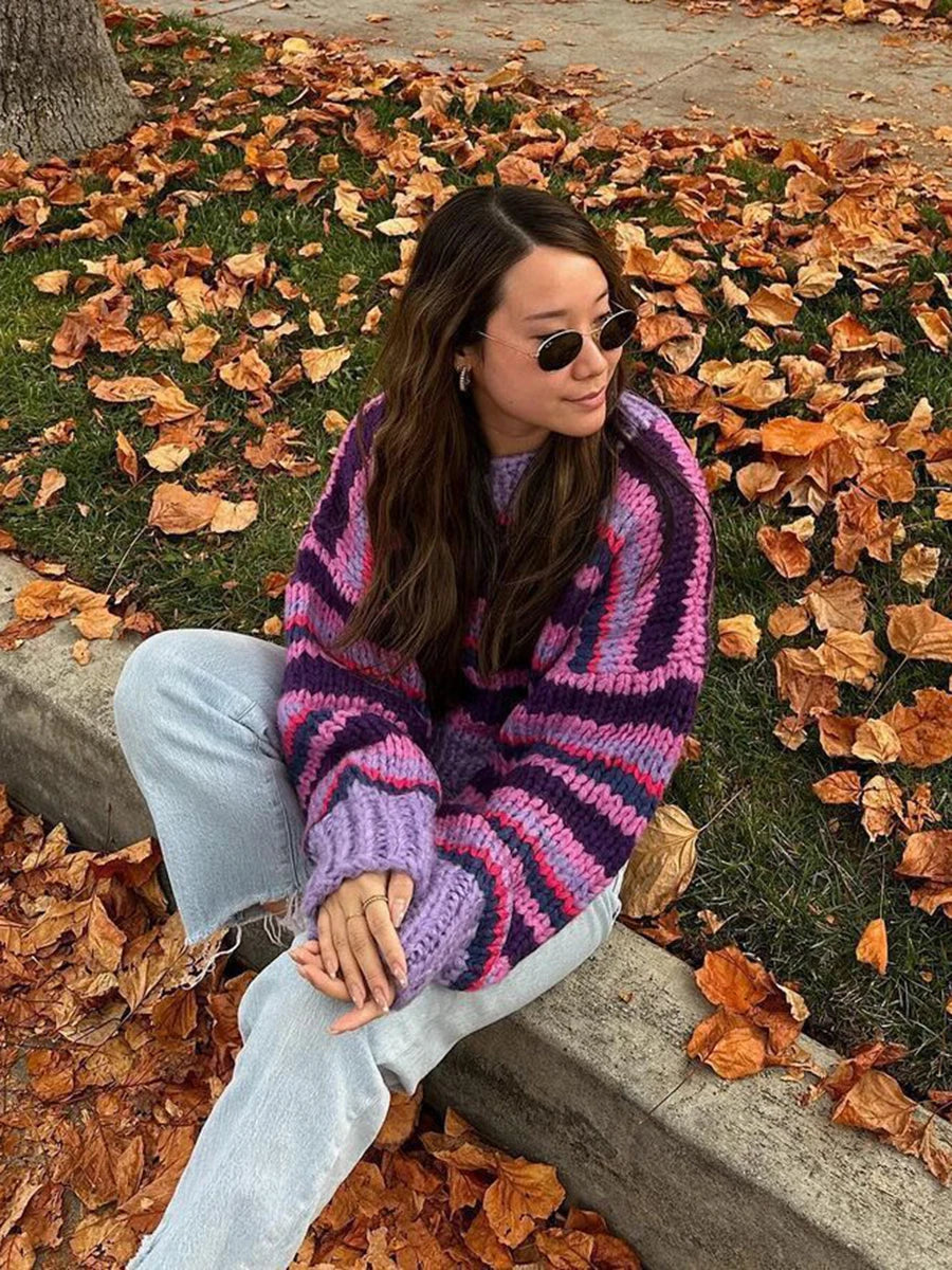 Aiertu  -  Color Striped Patchwork Sweater Women Round Neck Long Sleeve Cropped Jumpers Autumn New Casual Fashion Knitted Pullover Top 2026 Aiertu