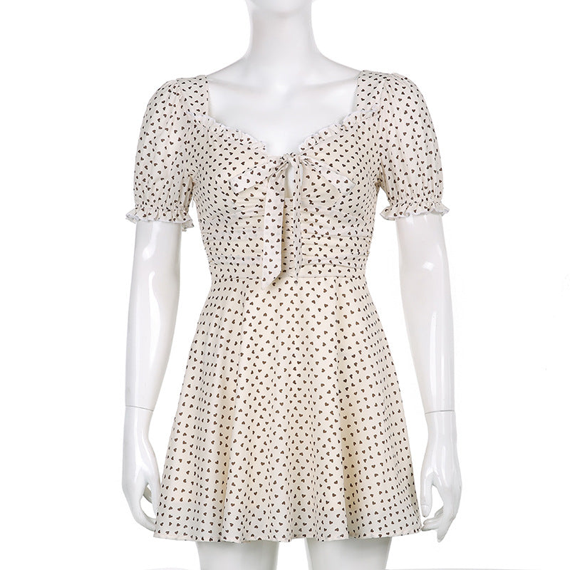 Aiertu - Tie Strap Heart Puff Sleeve Mini Dress Aiertu