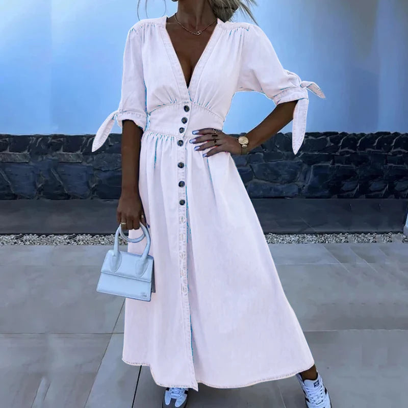 Aiertu  -  Fashion Single-breasted V-neck Denim Dress Elegant Hight Waist Tie-up Half Sleeves Party Dress Casual Solid Long Dress Vestidos Aiertu
