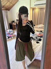 Aiertu  -  Y2k Aesthetic Summer Casual Lace Patchwork Shorts Women Vintage Fifth Points Trousers Fairy High Waist Drawstring Wide Leg Pants Aiertu