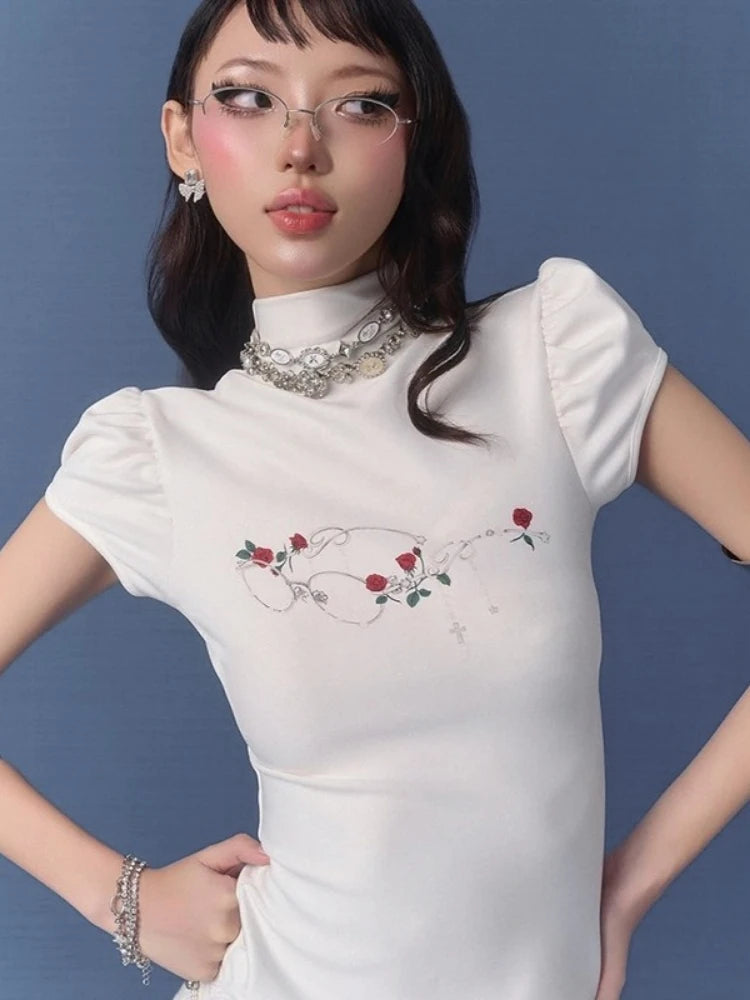 Aiertu  Streetwear Summer Half High Collar Women's Tops Vintage Flower Printing Harajuku T-shirts Y2k Aesthetic Puff Sleeve Grunge Tees Aiertu