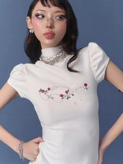 Aiertu  Streetwear Summer Half High Collar Women's Tops Vintage Flower Printing Harajuku T-shirts Y2k Aesthetic Puff Sleeve Grunge Tees Aiertu