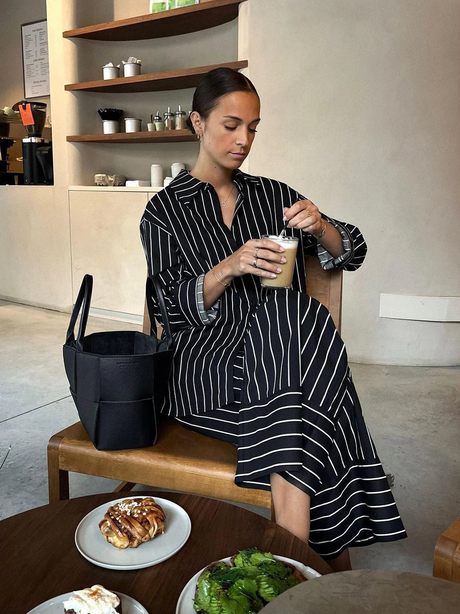 Aiertu  -  Black Striped Pants Sets Women Spring Single Breasted Long Sleeve Blouse+Wide Trouser Suits Elegant Casual Fashion 2 Piece Set Aiertu