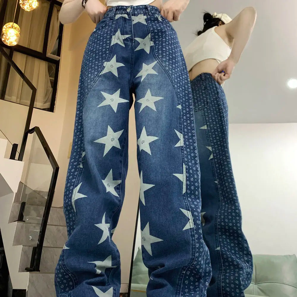 Aiertu  -  Splicing Star Print Design American High Street Jeans Women's Niche Loose Straight Leg Pants Aiertu