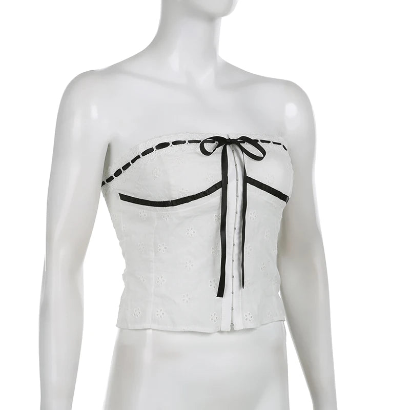 Aiertu  Sweet Bow Cropped Tube Tops Slim Lace Trim Slash Neck Sleeveless Tank Tops Women 2025 Summer Fashion Streetwear Ladies Aiertu